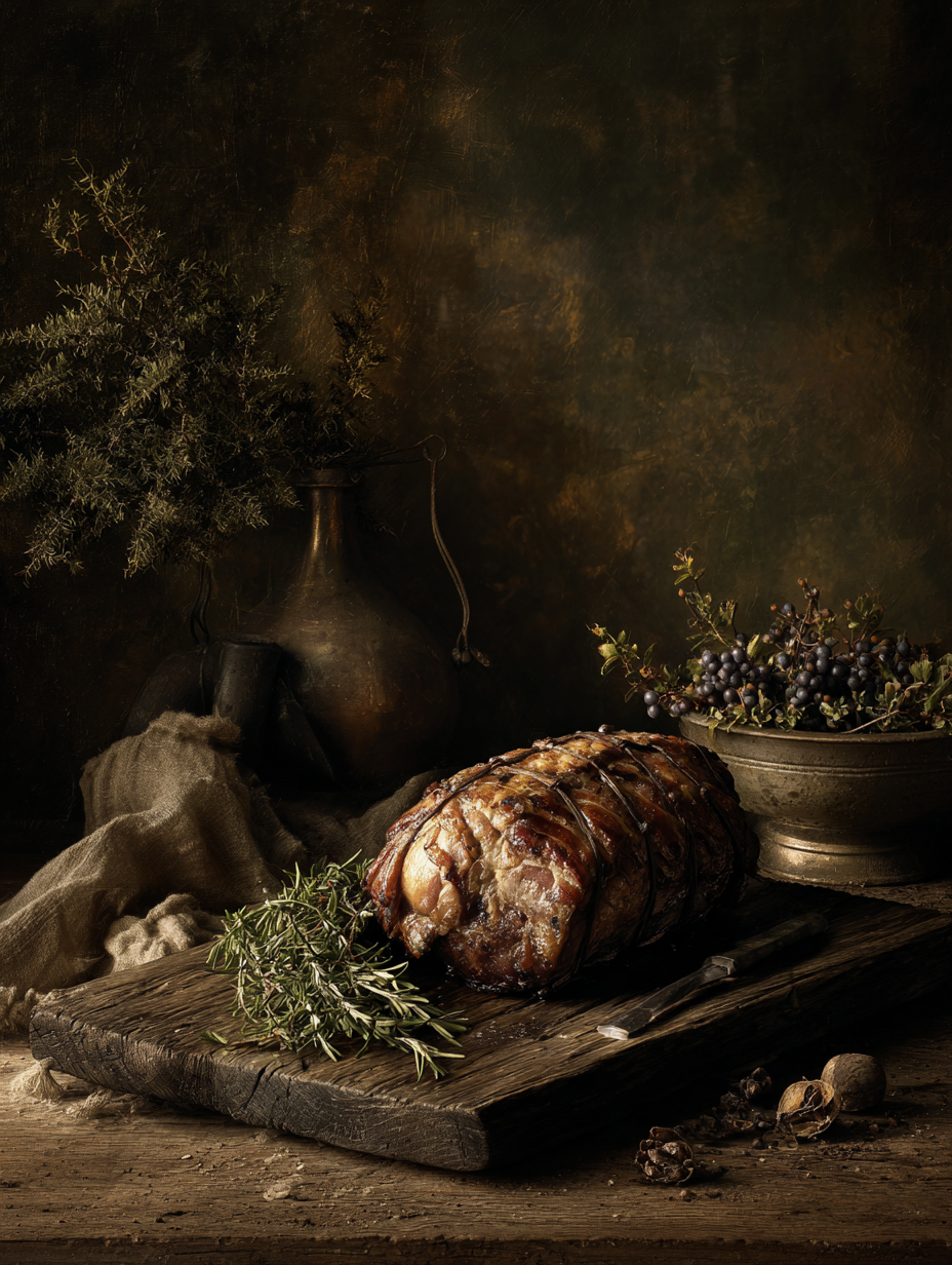 Longe de sanglier lardée — Nature Morte à la Chardin, Studio Food IA