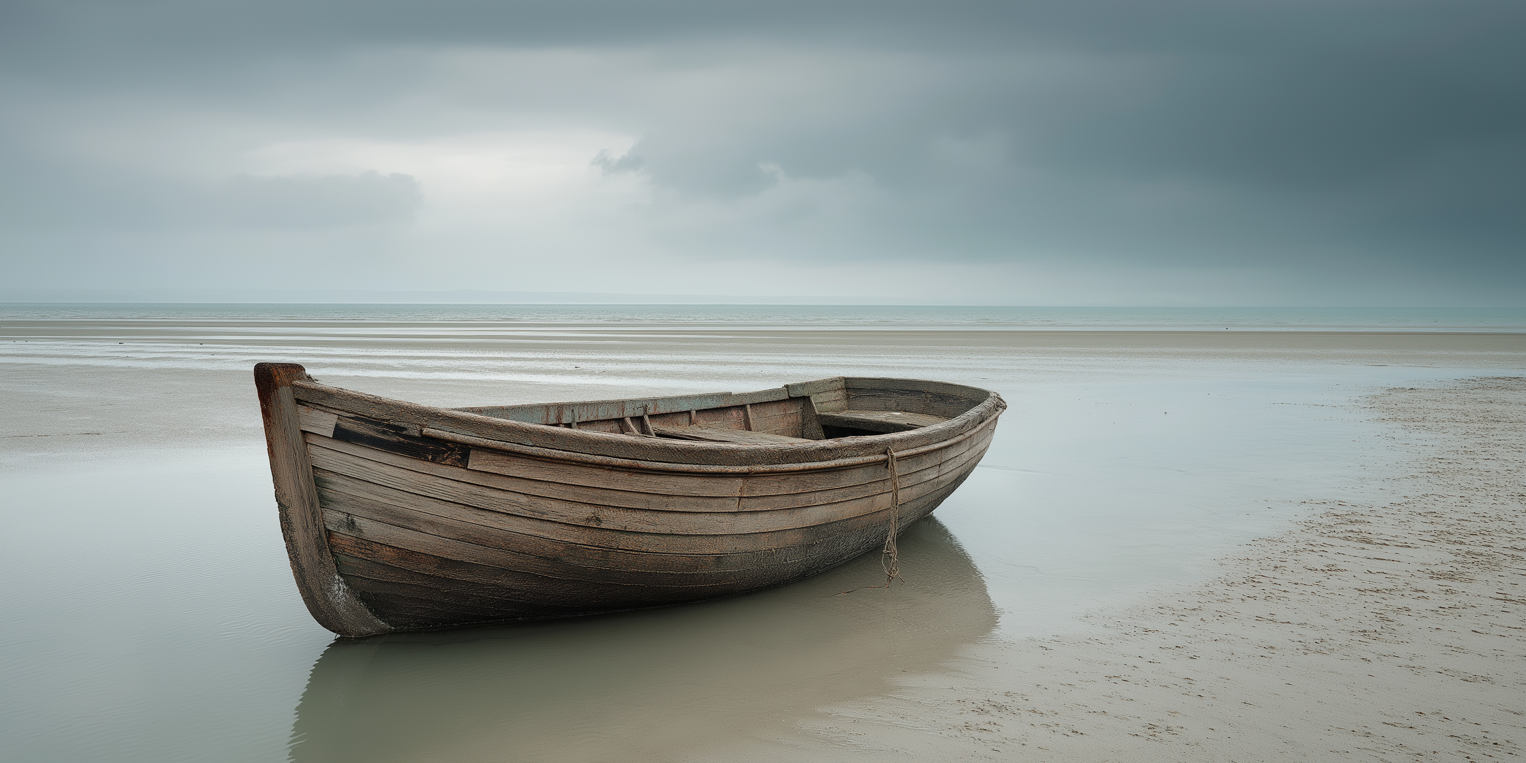 Barque solitaire sur plage brumeuse