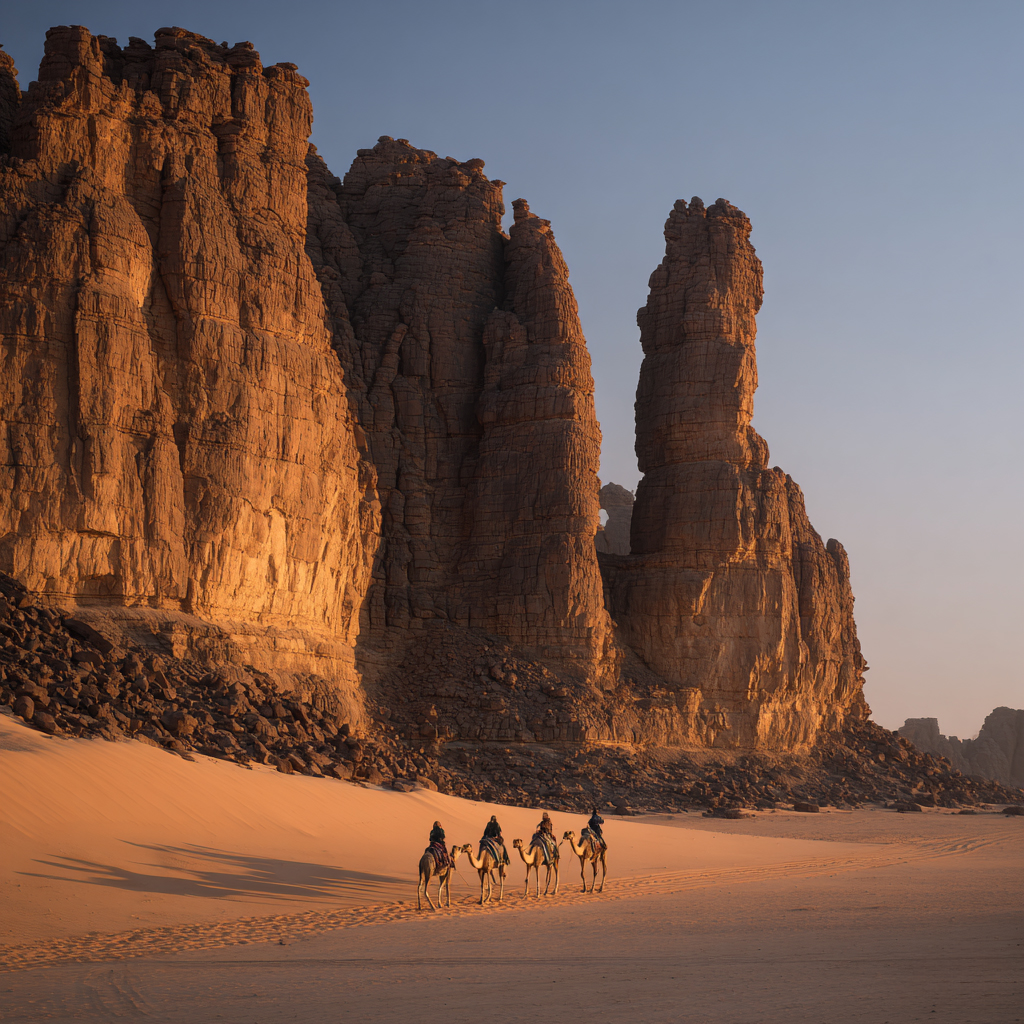 Sahara — caravane de chameaux face aux falaises dorées