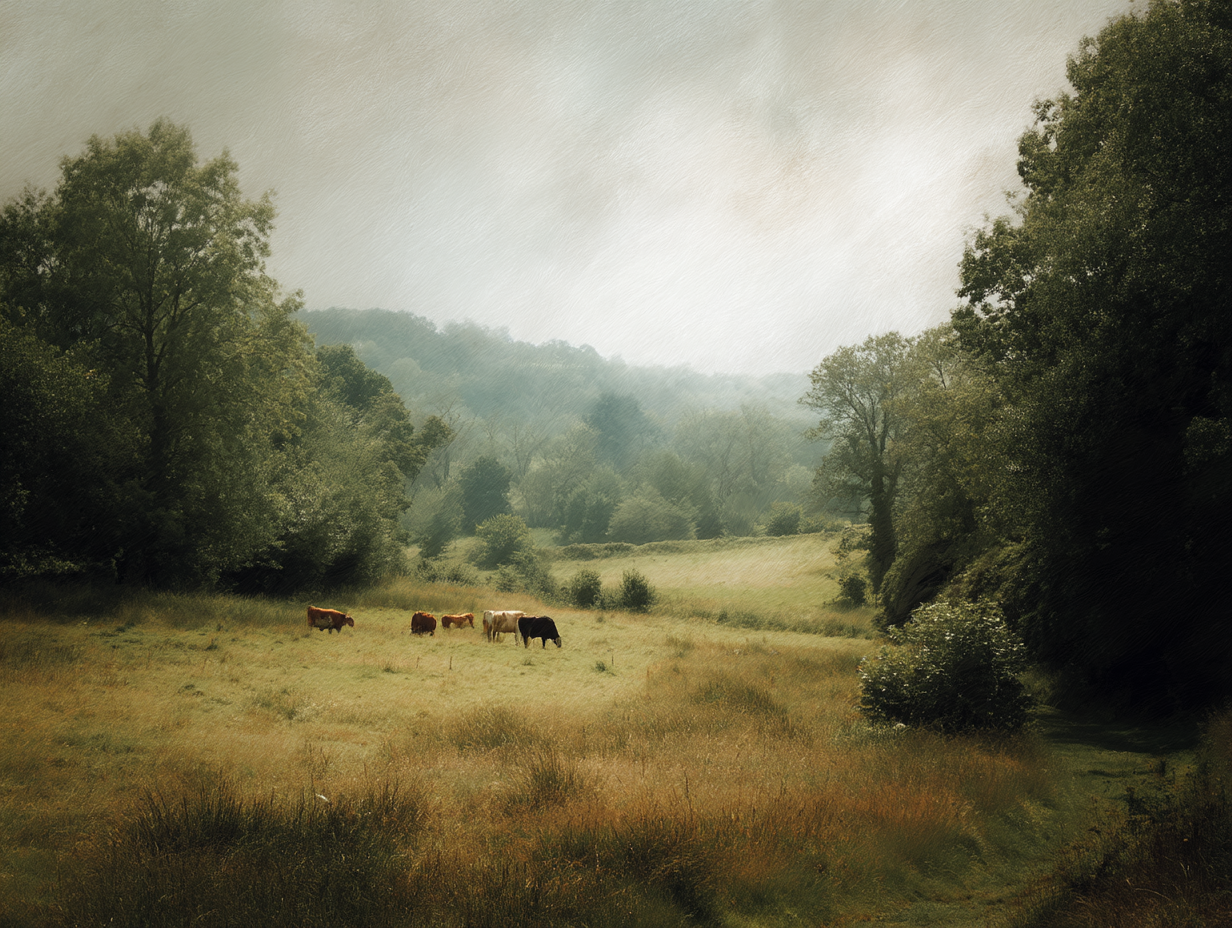 Vallée brumeuse avec vaches