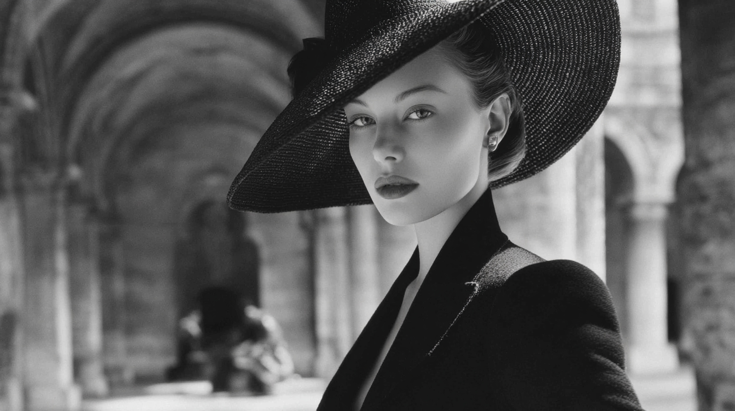 Studio Fashion · Éditorial classique · Chapeau noir · Arches architecturales