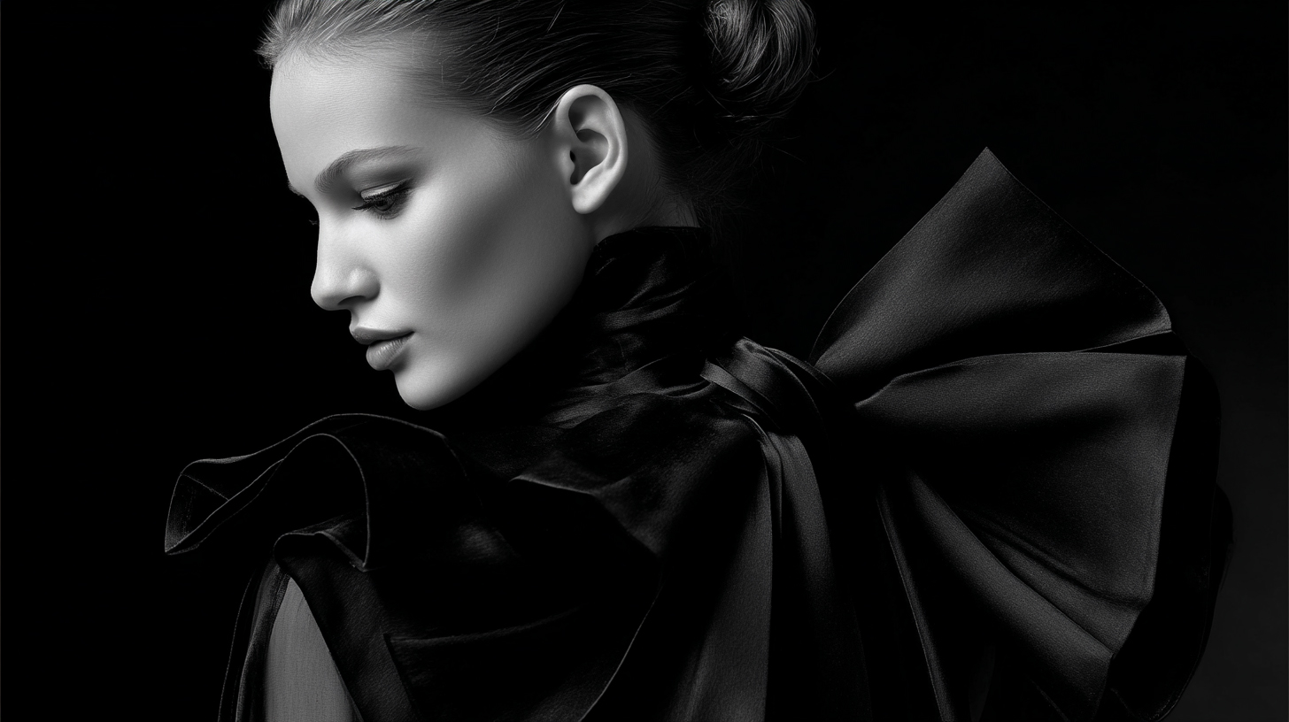 Studio Fashion · Portrait éditorial · Nœud satin · Fond noir