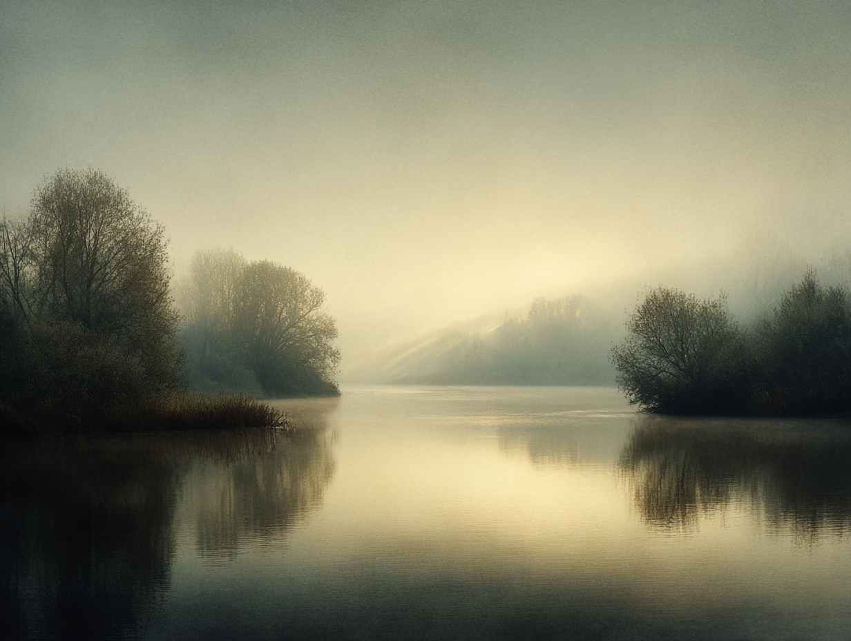Lac brumeux à l'aube
