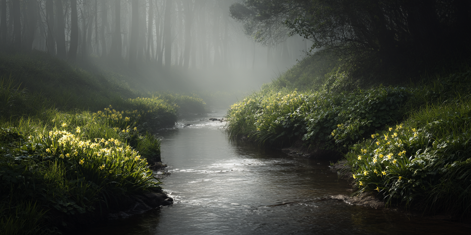 Ruisseau en forêt brumeuse