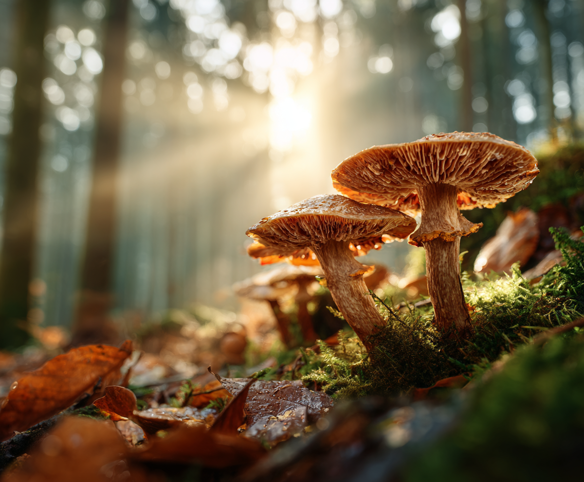 Champignons en forêt — rayons de lumière