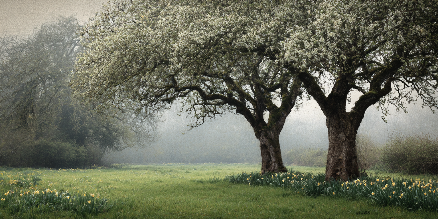 Pommiers en fleurs dans la brume