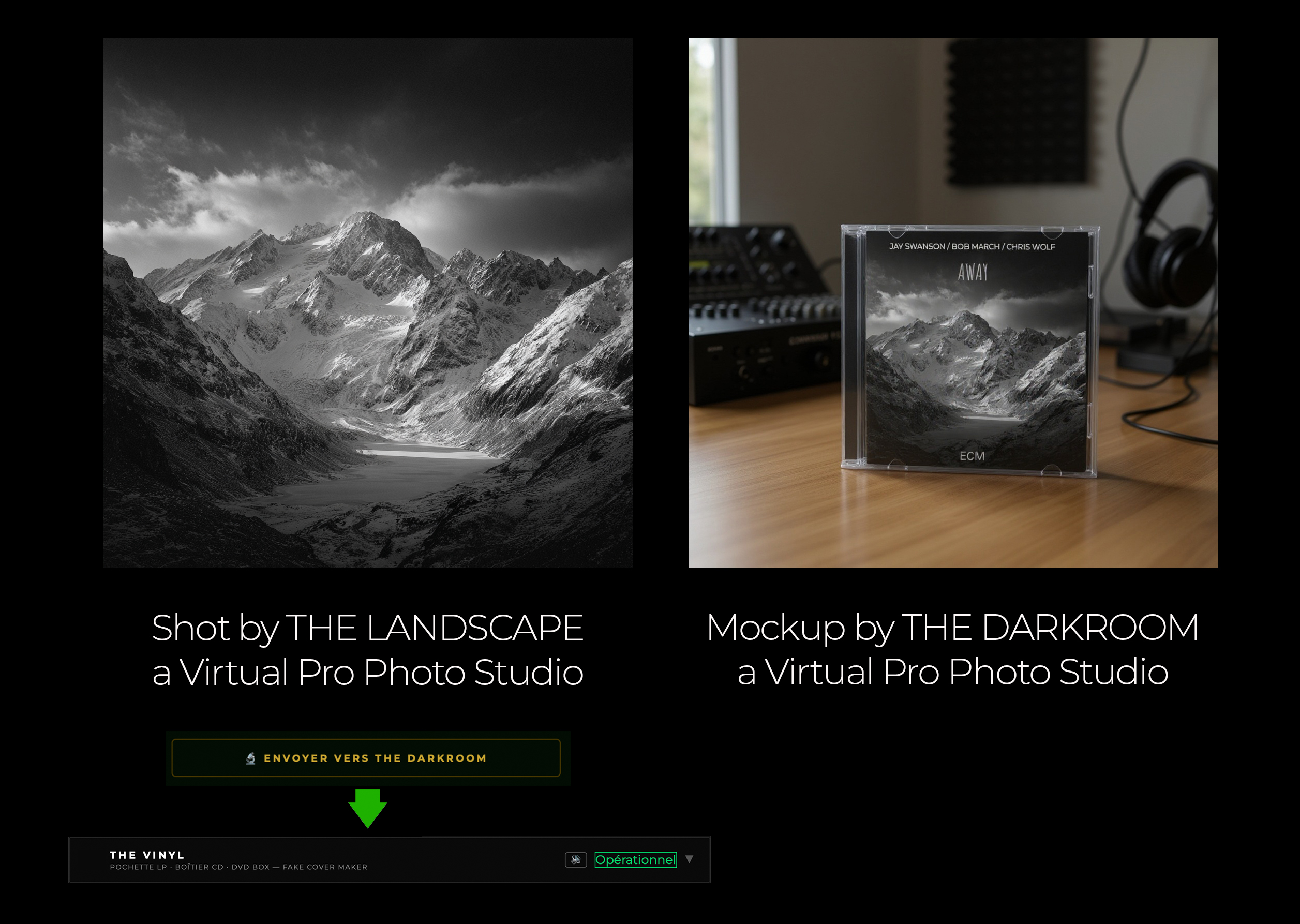 Workflow — paysage montagne B&W → boîtier CD ECM
