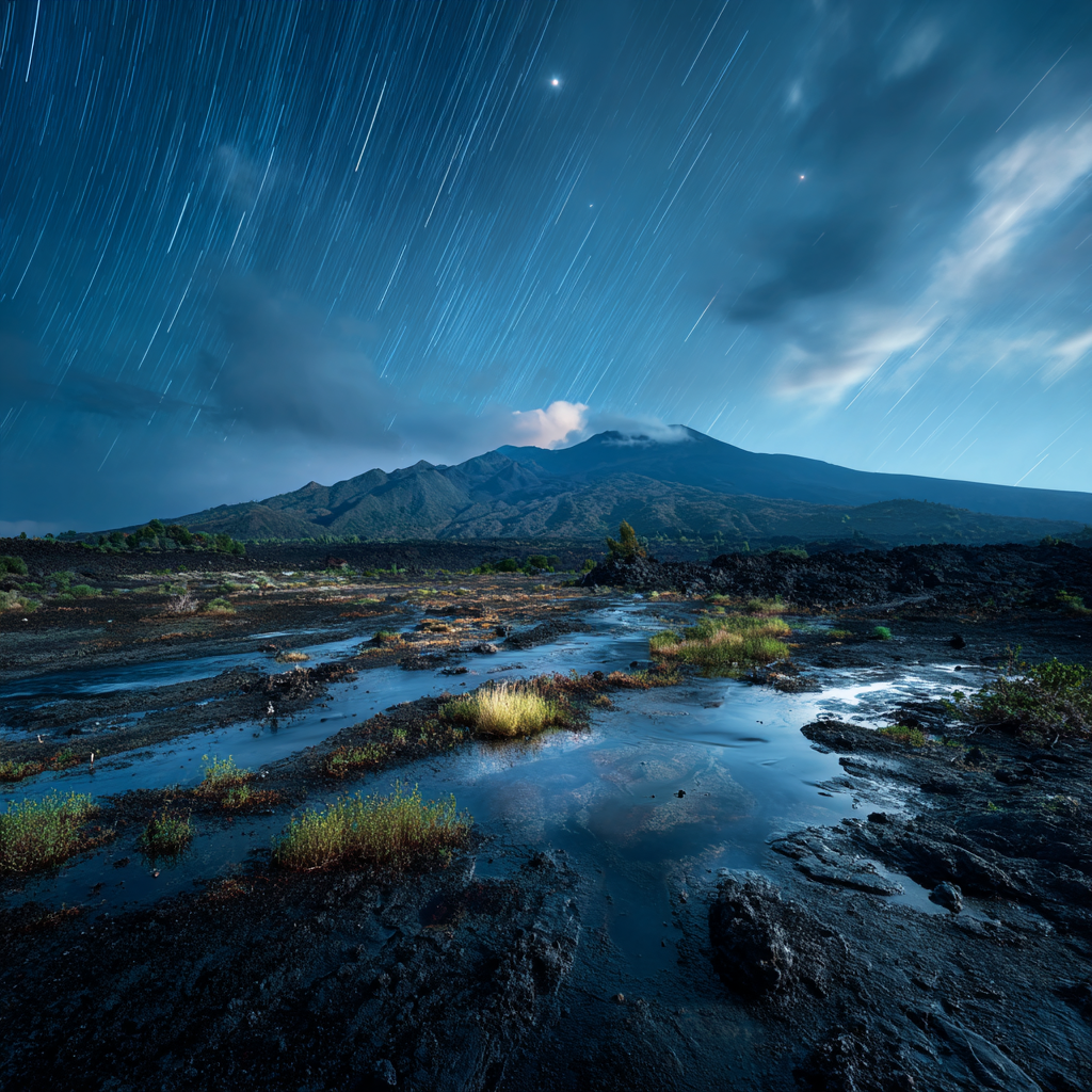 Etna — champs de lave — blue hour avant l'aube