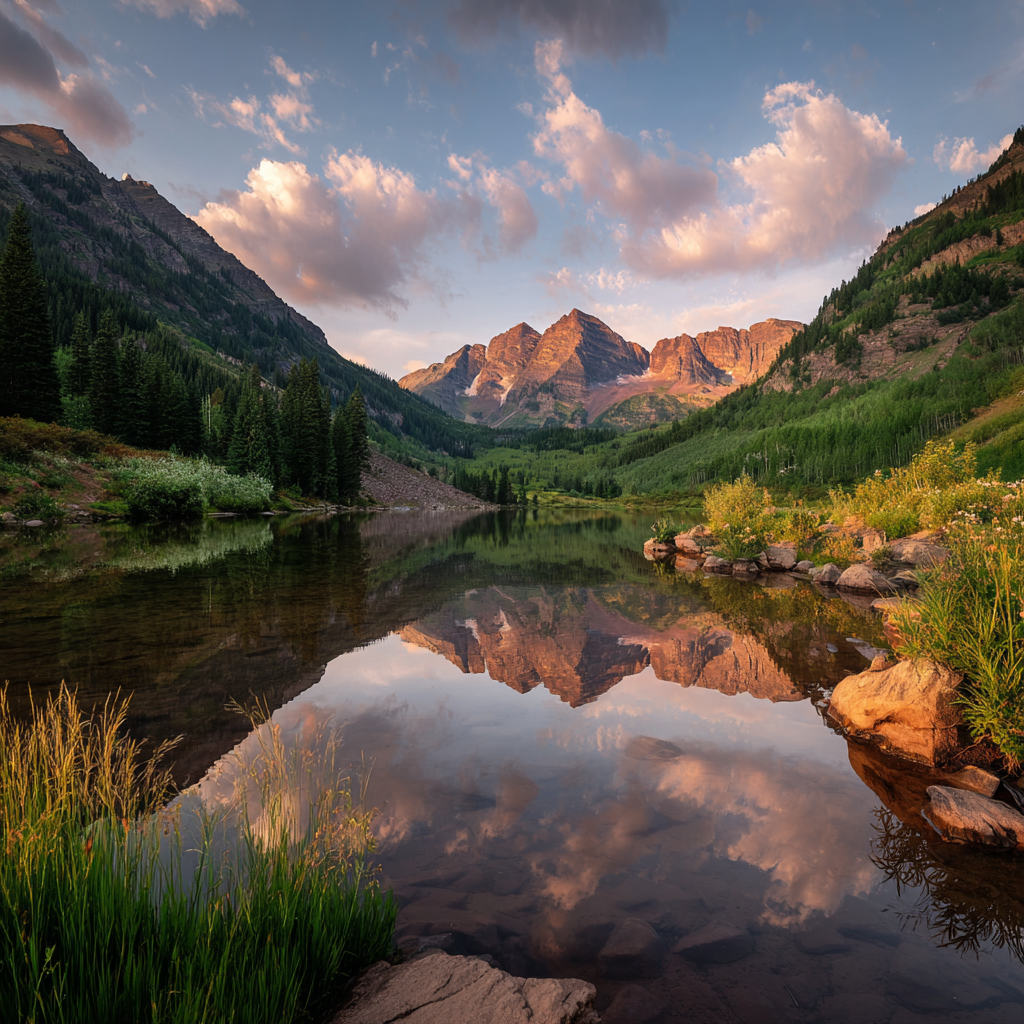 Maroon Bells — réflexion lac — golden hour