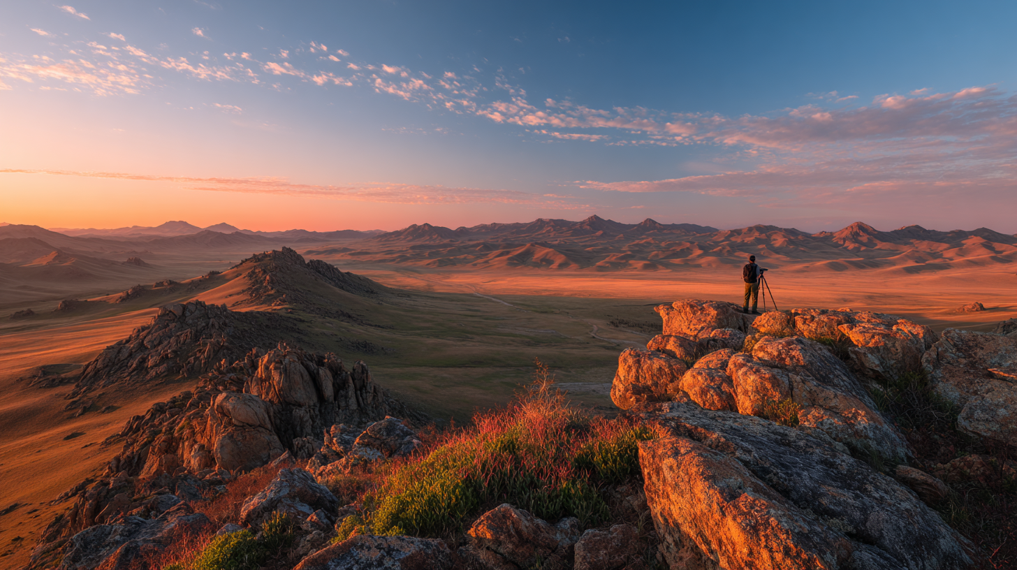 Mongolian Steppe — silhouette sur rocher — golden hour
