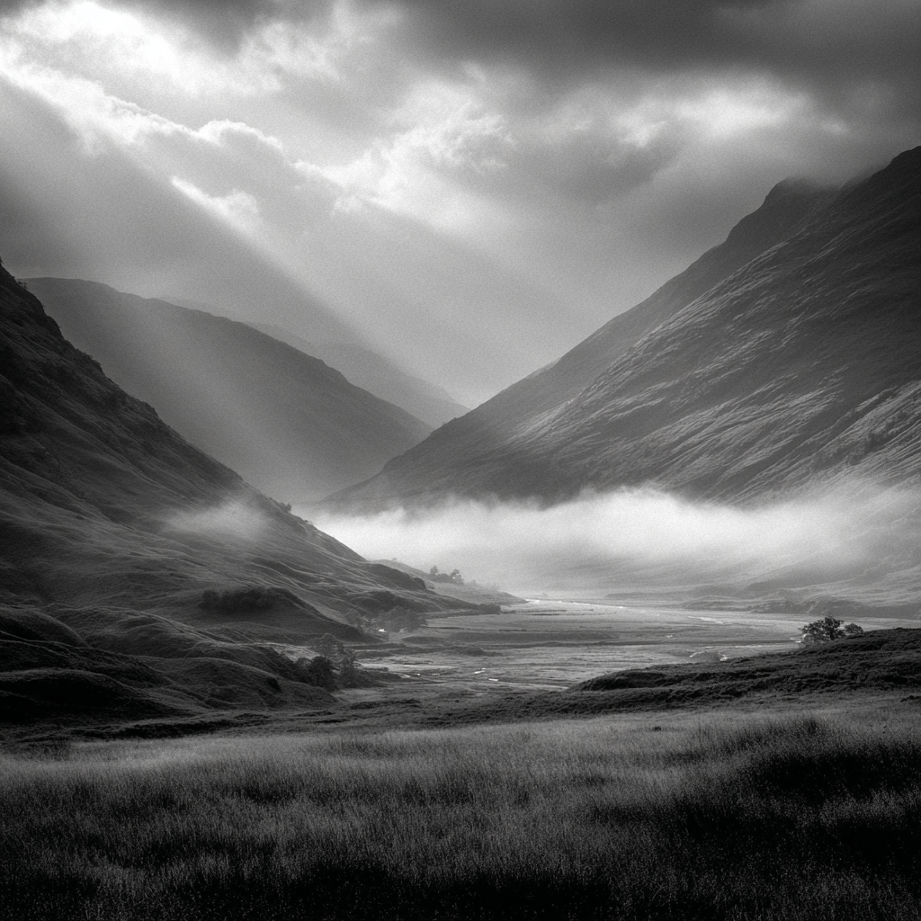 Style Salgado — vallée brumeuse B&W — lumière divine