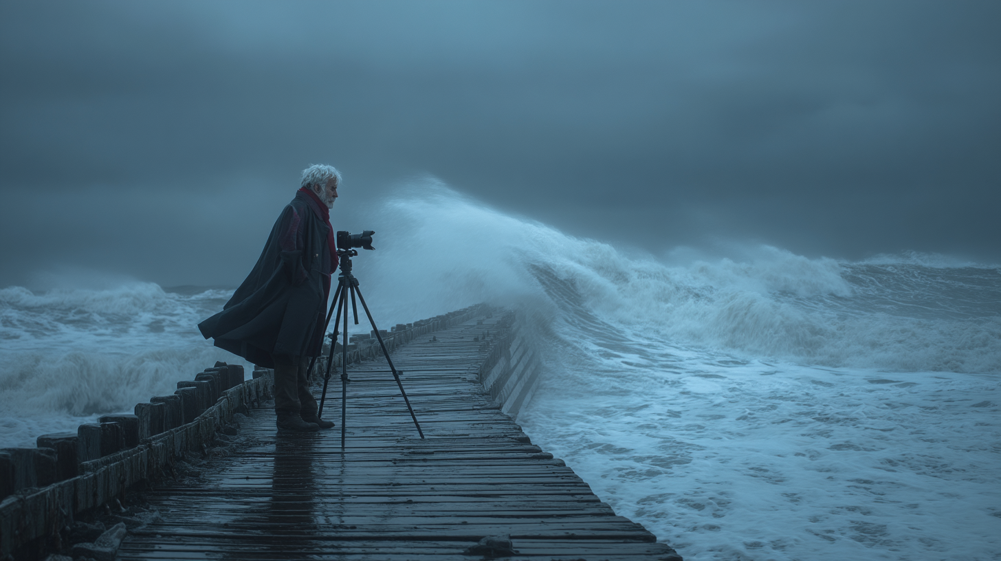 Photographe sur ponton dans la tempête