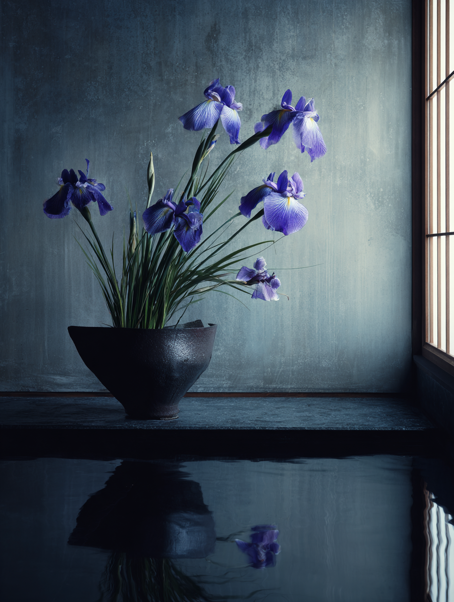 Iris bleu — composition Ikebana — réflexion eau — style shoji