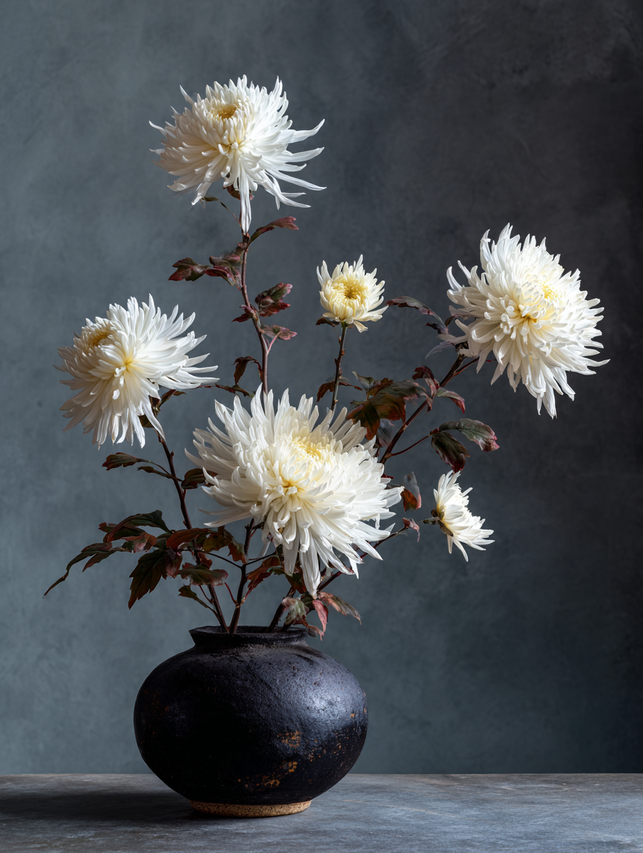 Kiku blanc — chrysanthème impérial — feuilles bordeaux — haïku visuel