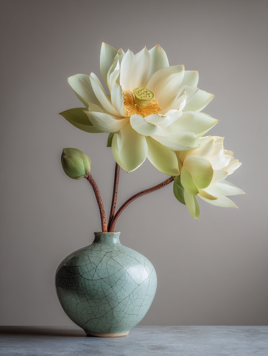 Lotus sacré — 3 tiges — céladon craquelé — fond gris