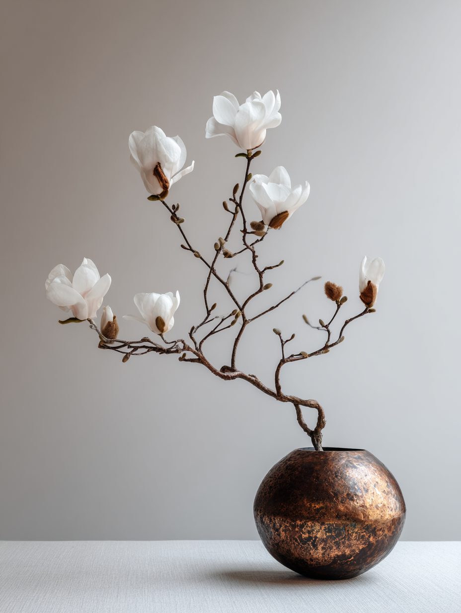 Magnolia horizontal — vase bronze — fond gris zen