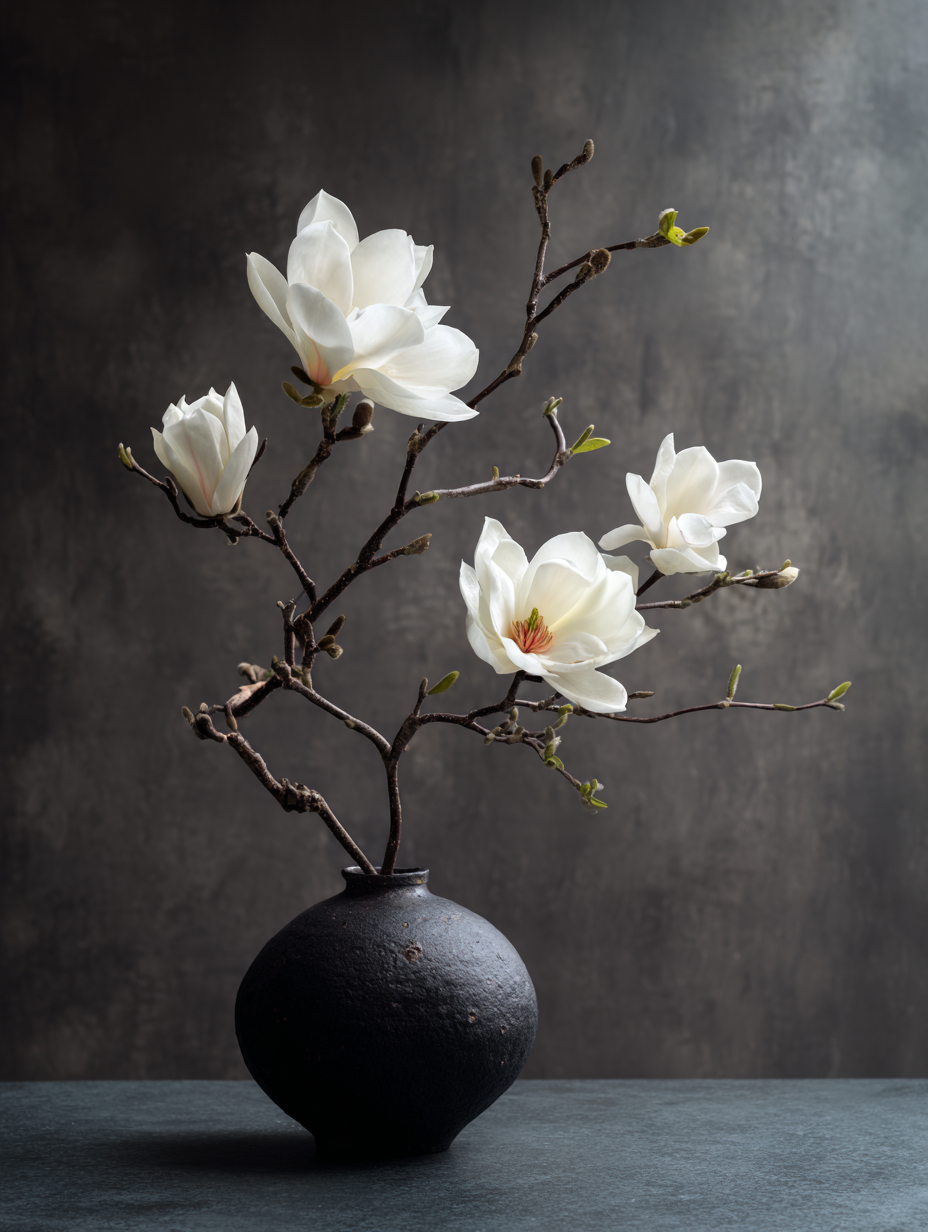 Magnolia — vase noir — fond sombre — lumière chiaroscuro