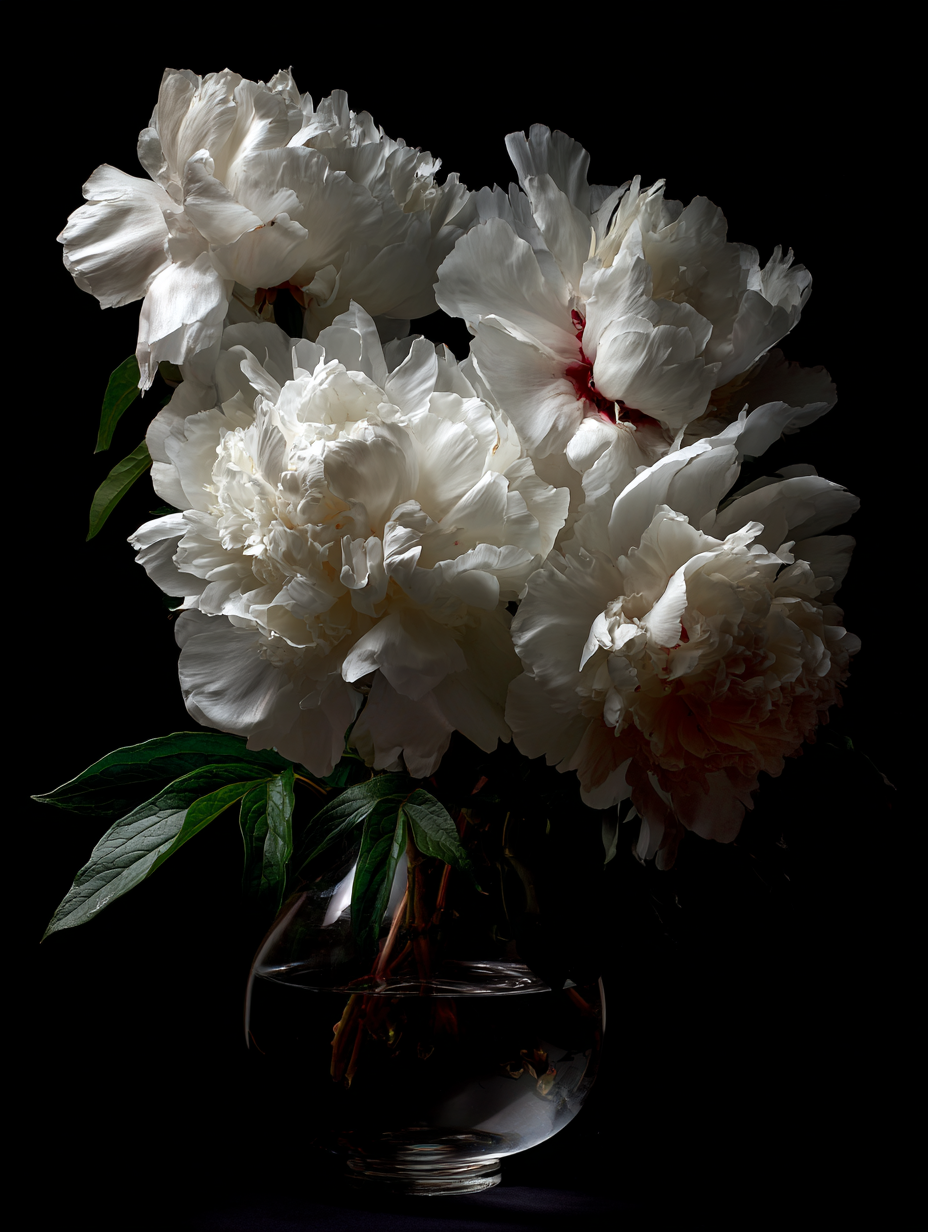 Pivoine — verre soufflé transparent — fond noir absolu — esprit Caravage