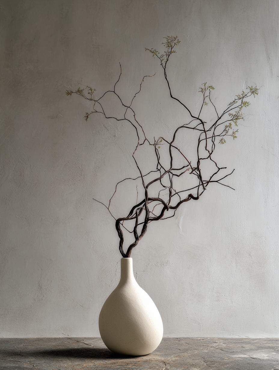 Sogetsu · vase gourde blanc · branches torsadées · bourgeons · espace négatif