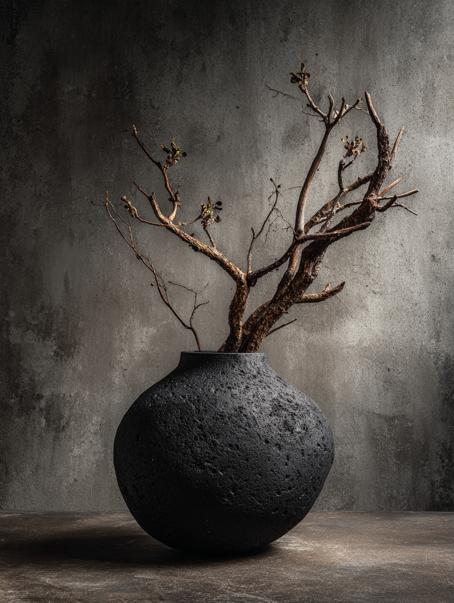 vase basalte volcanique · branches nues · fond enduit terre · lumière rasante