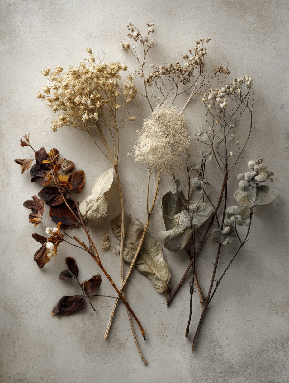 Fleurs séchées — herbier — fond lin naturel — lumière naturelle diffuse — mode photo contemporain