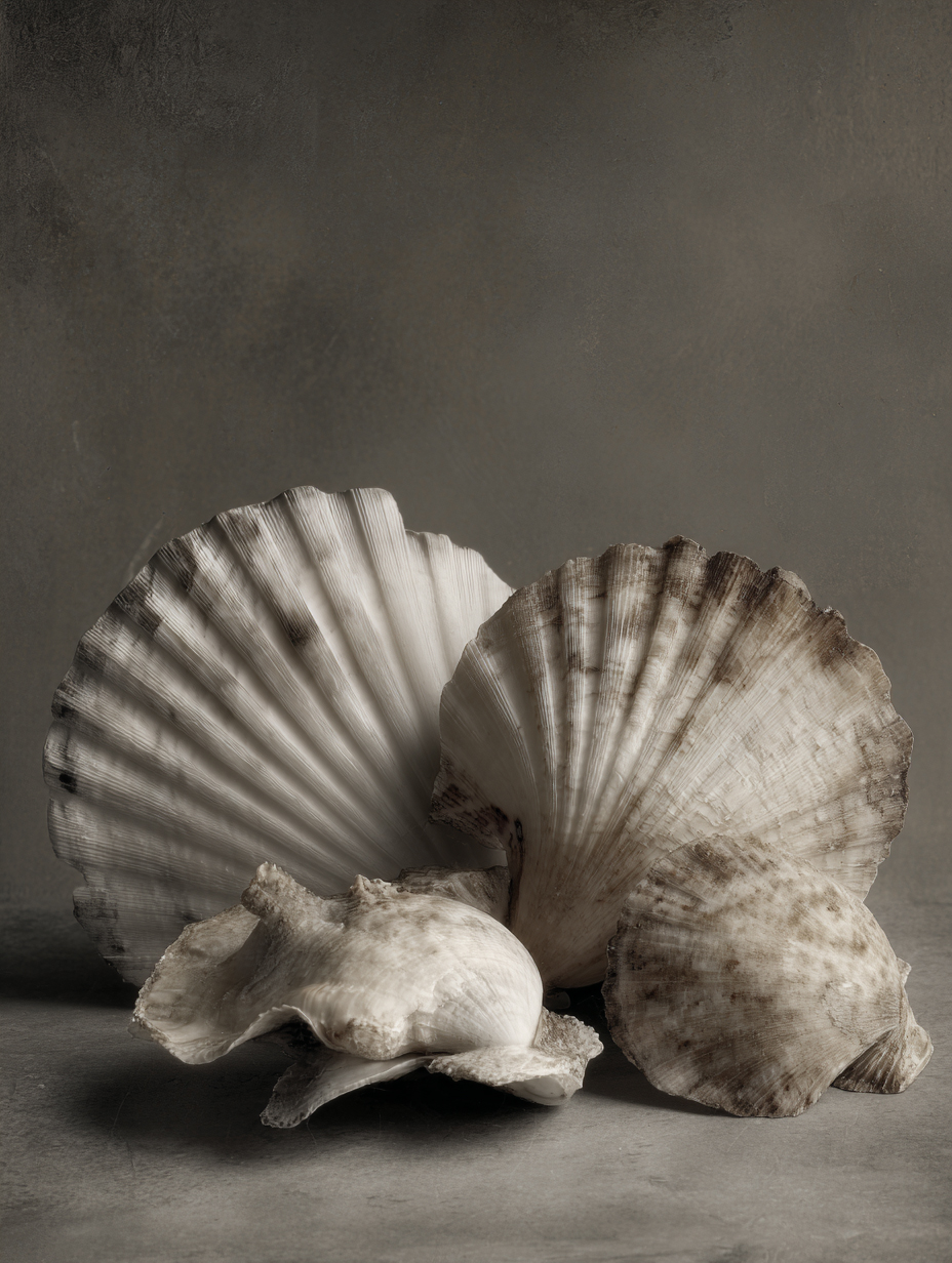 Coquilles Saint-Jacques — studio — fond peint gris — lumière latérale directionnelle — style Irving Penn