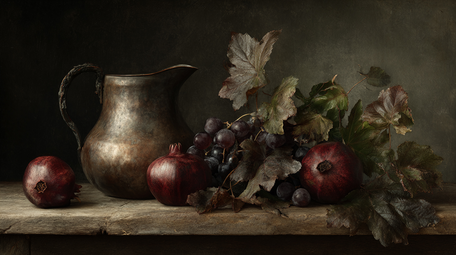 THE STILL LIFE — Nature morte Caravaggio, raisins, grenade, chiaroscuro baroque