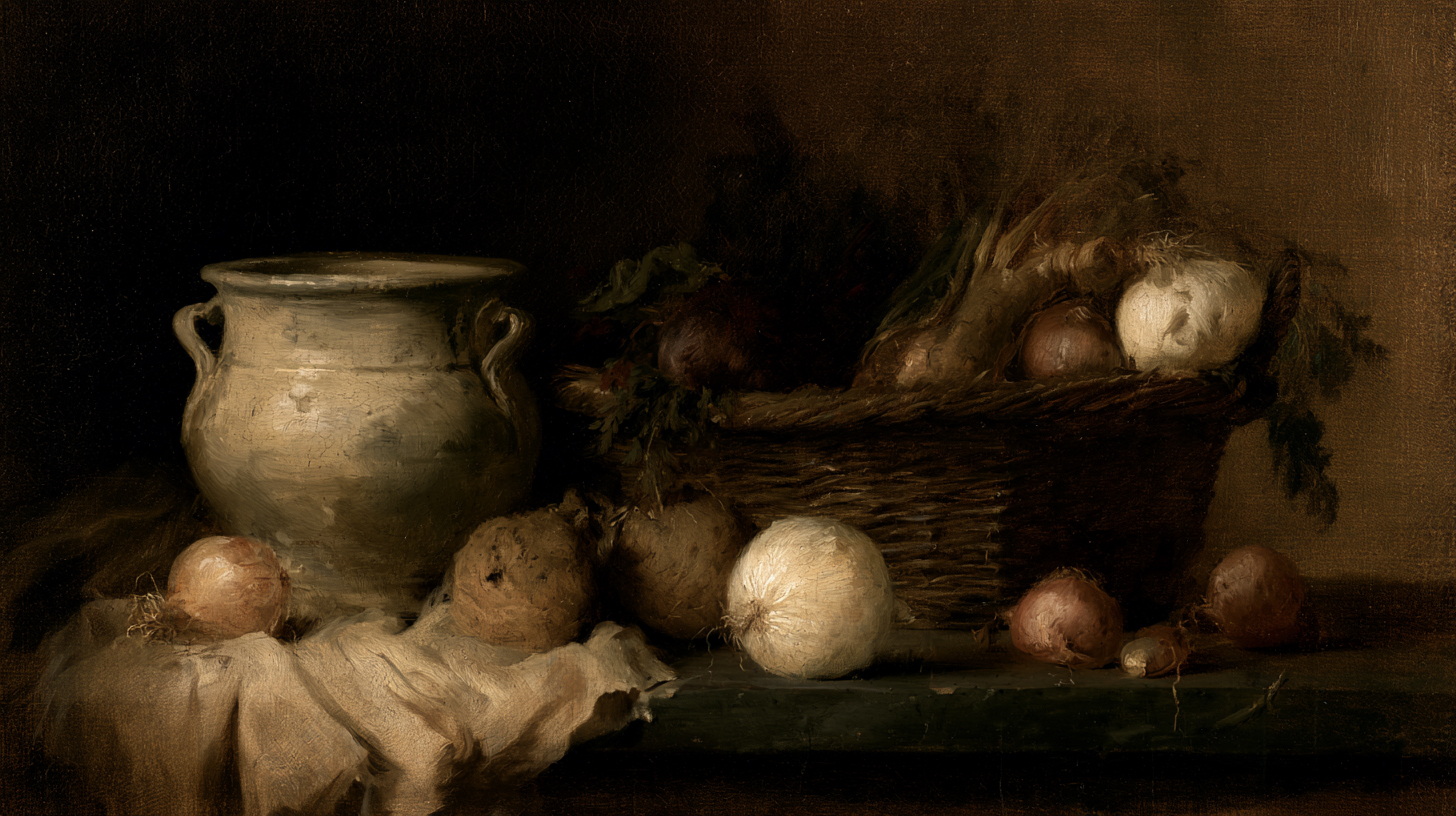 Chardin style — pain, fruits de saison, pichet de grès — lumière flamande diffuse — fond gris chaud