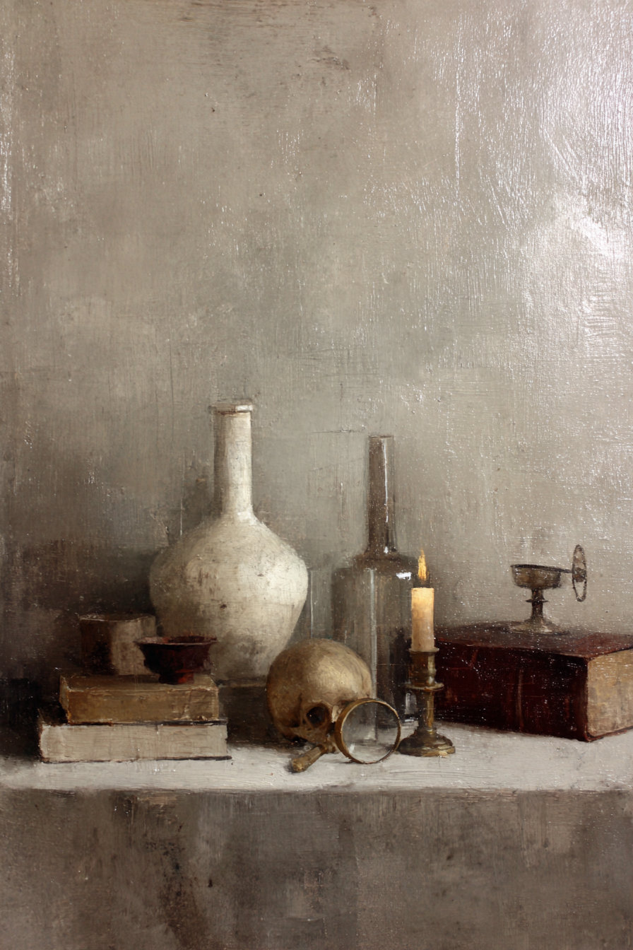 Vanité baroque — Heda style — tête de mort, huître, verre renversé — fond sombre
