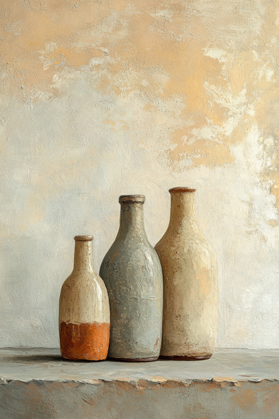 Morandi — bouteilles et bocaux géométriques — palette ocre-gris — silence contemplatif