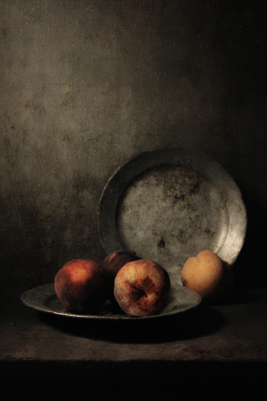 Zurbarán — oranges mystiques — fond noir absolu — lumière froide Séville baroque
