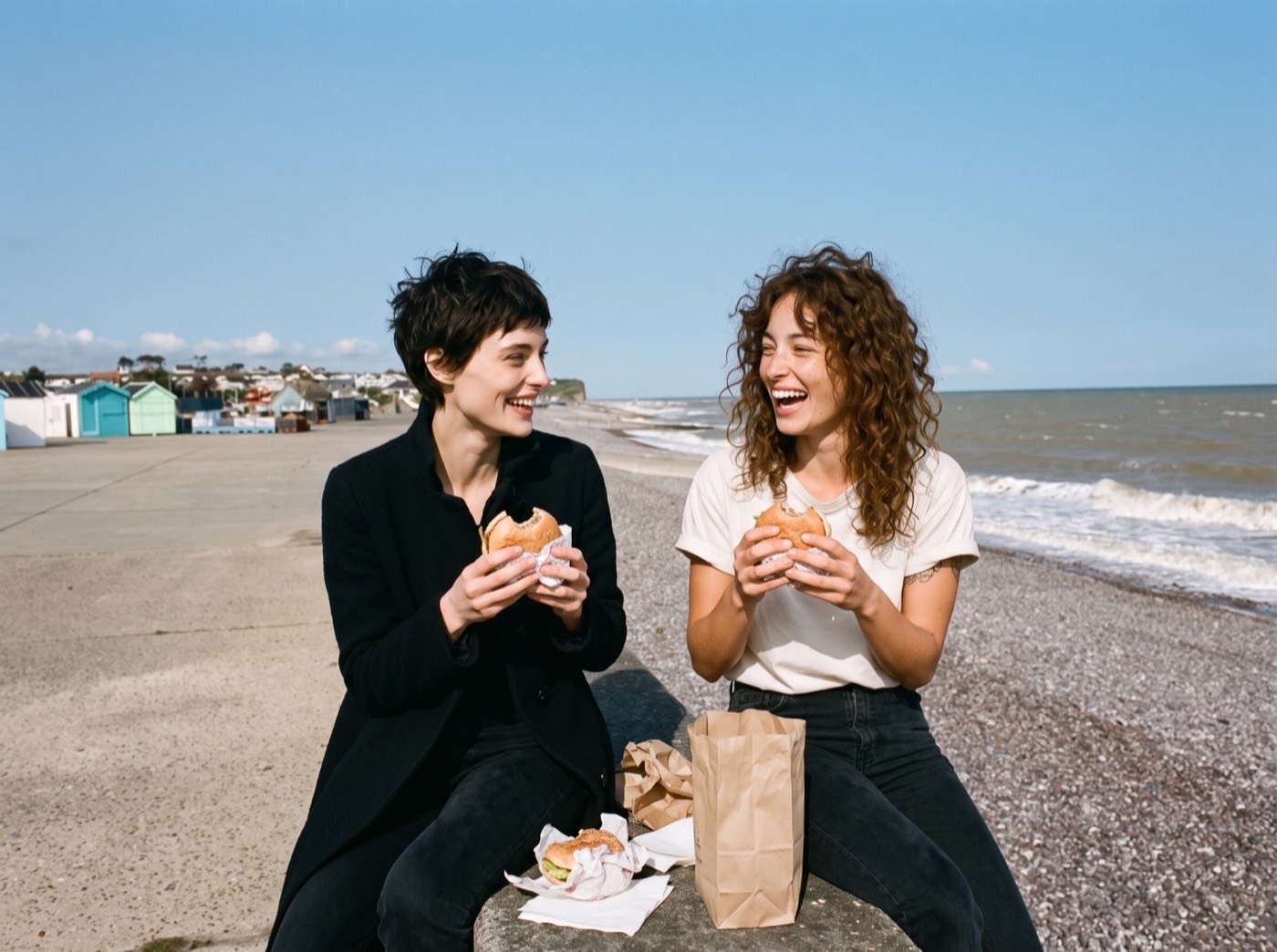 Deux amies mangent un hamburger assises sur le muret d'une digue, cabines de plage au loin
