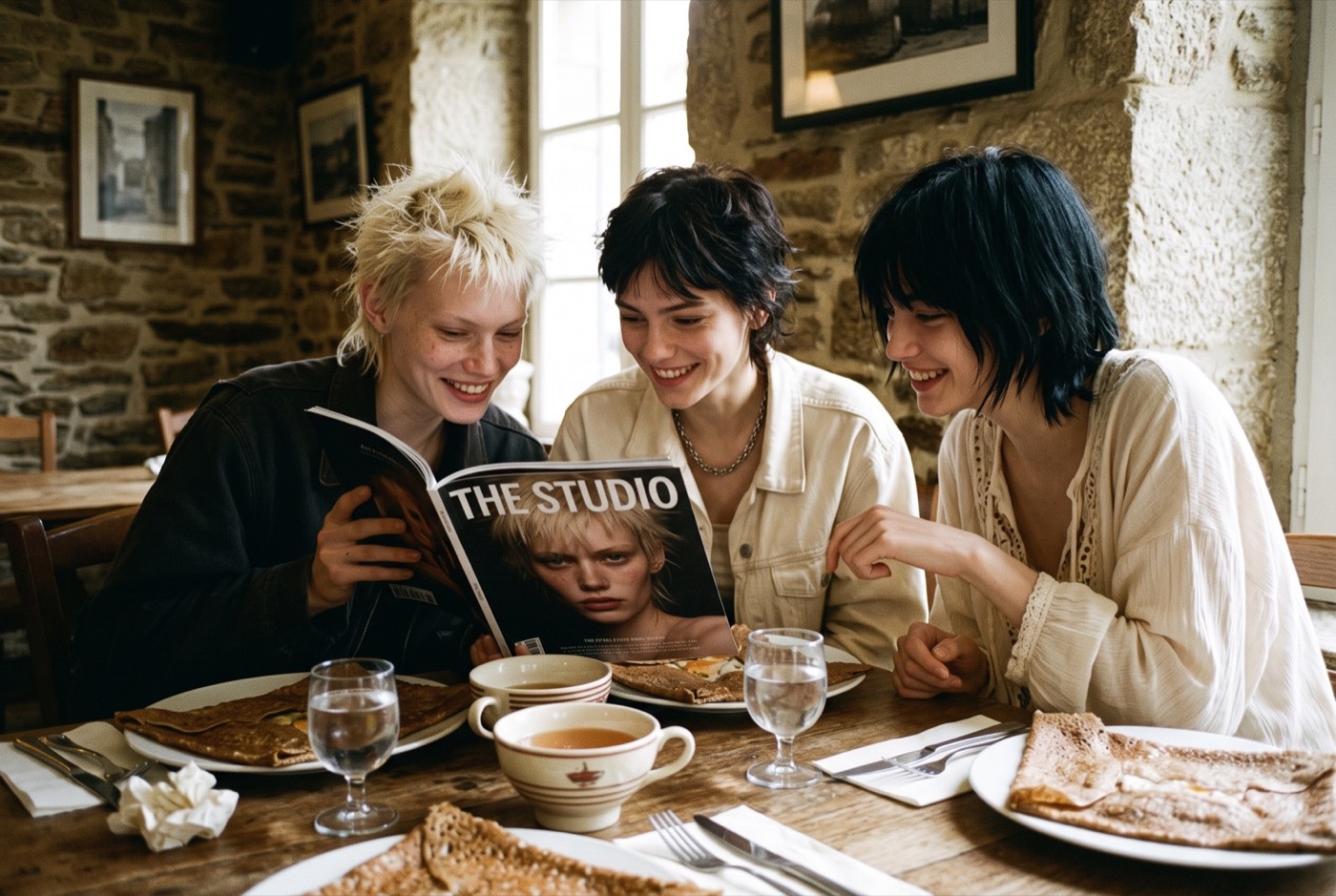 Trois amies dans une crêperie, l'une tient un magazine THE STUDIO dont elle fait la couverture