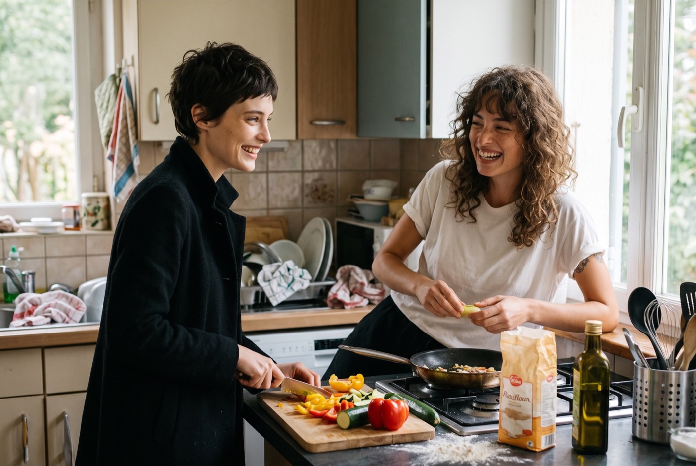 Deux amies cuisinent ensemble en riant