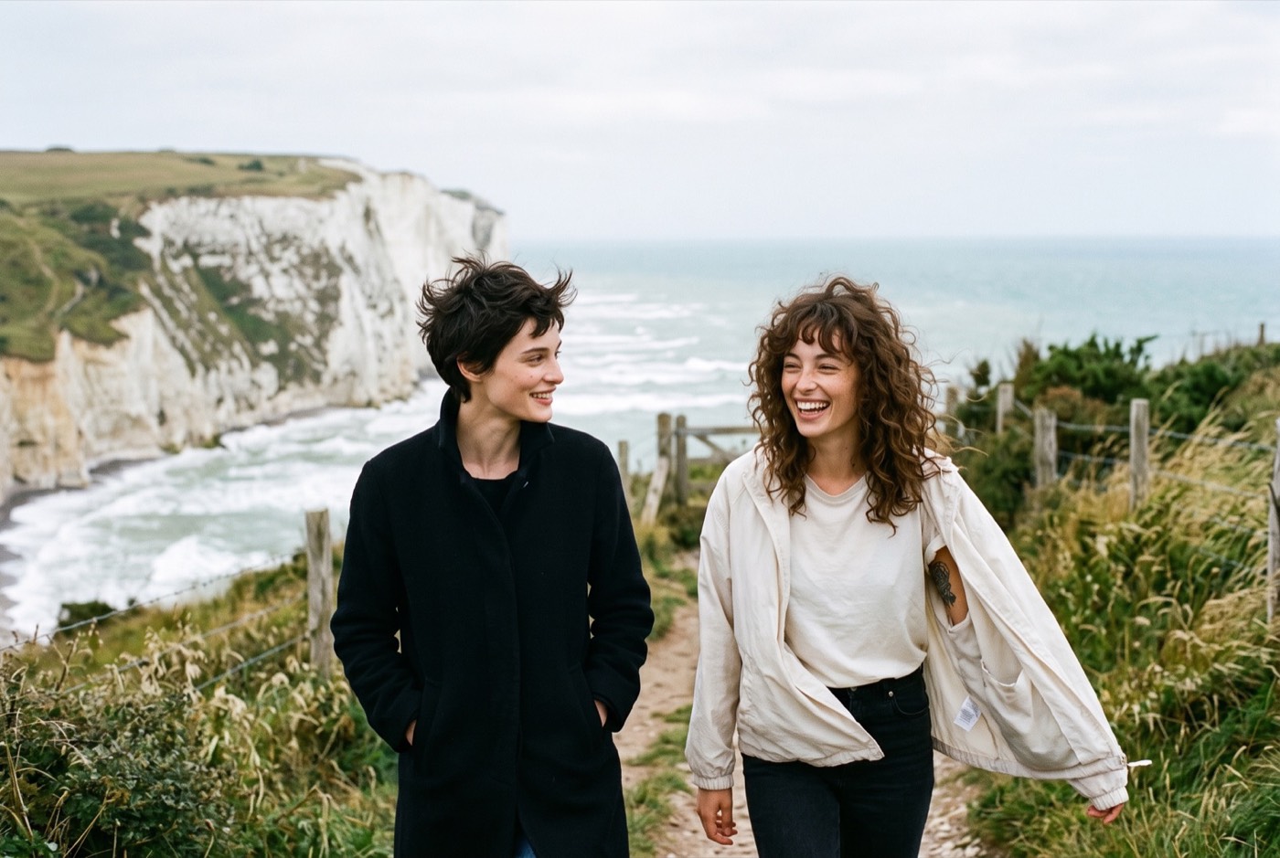 Deux amies sur le sentier des falaises de craie, mer agitée