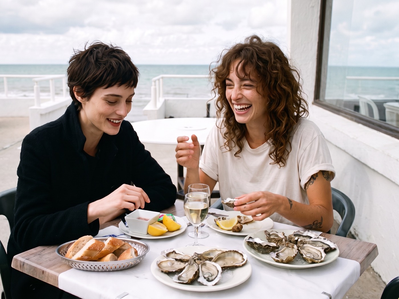 Deux amies dégustent des huîtres en terrasse face à la mer