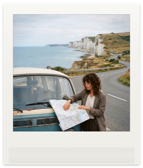Tirage instantané : jeune femme consulte une carte routière devant un combi, falaises au loin
