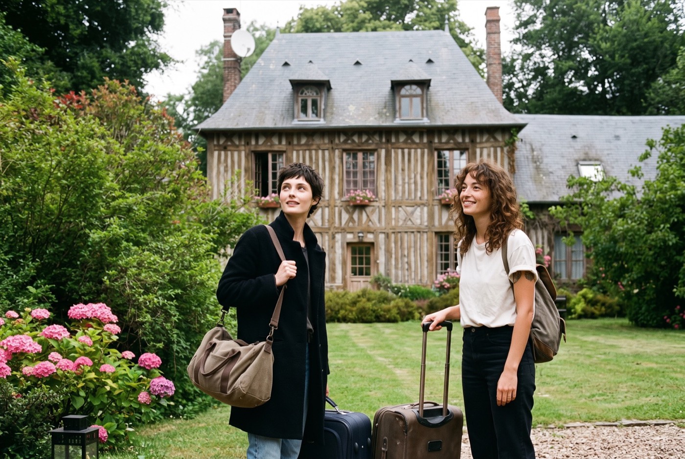 Arrivée devant la maison normande avec les bagages