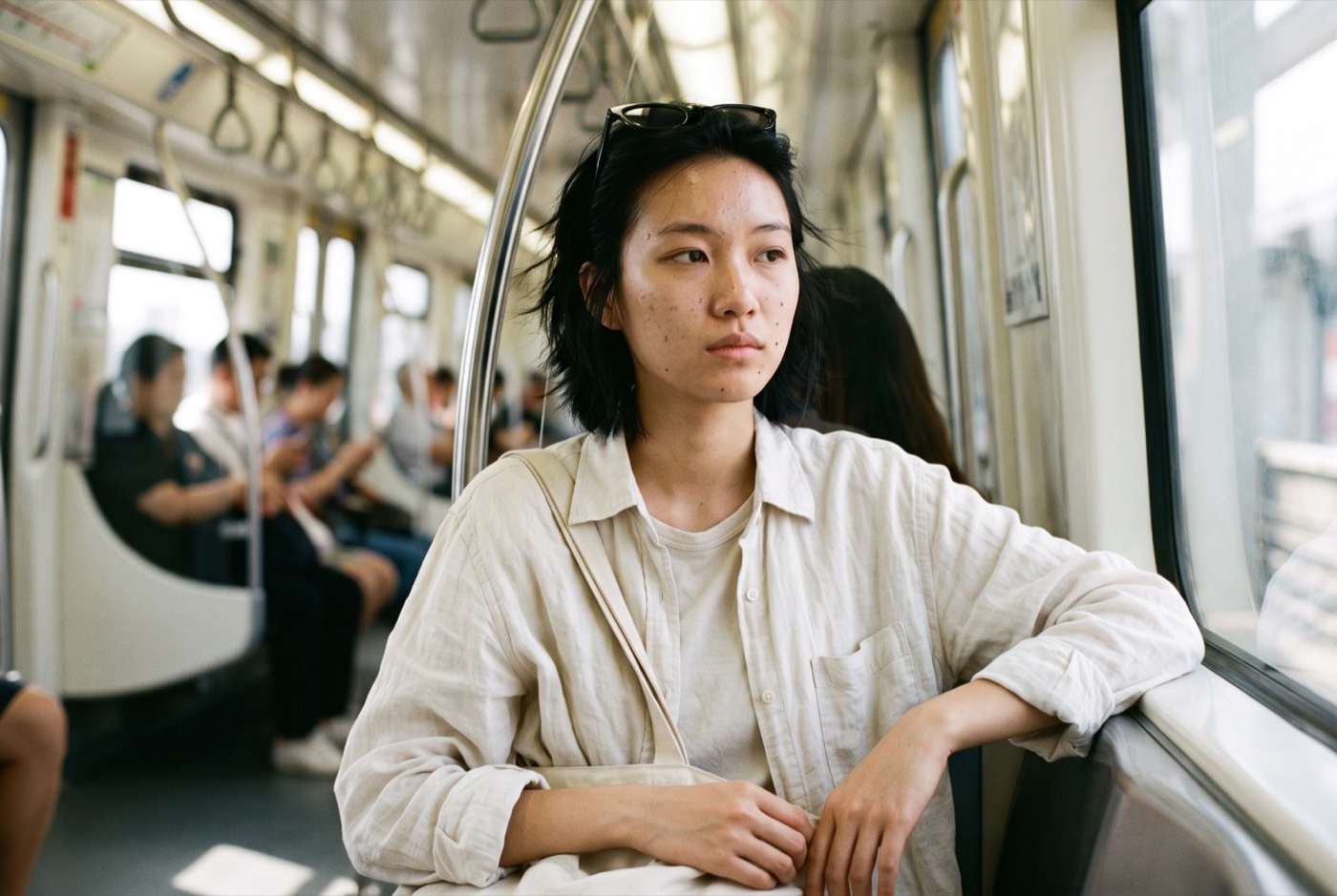Jeune femme seule dans une rame de métro, personnage décrit sans photo