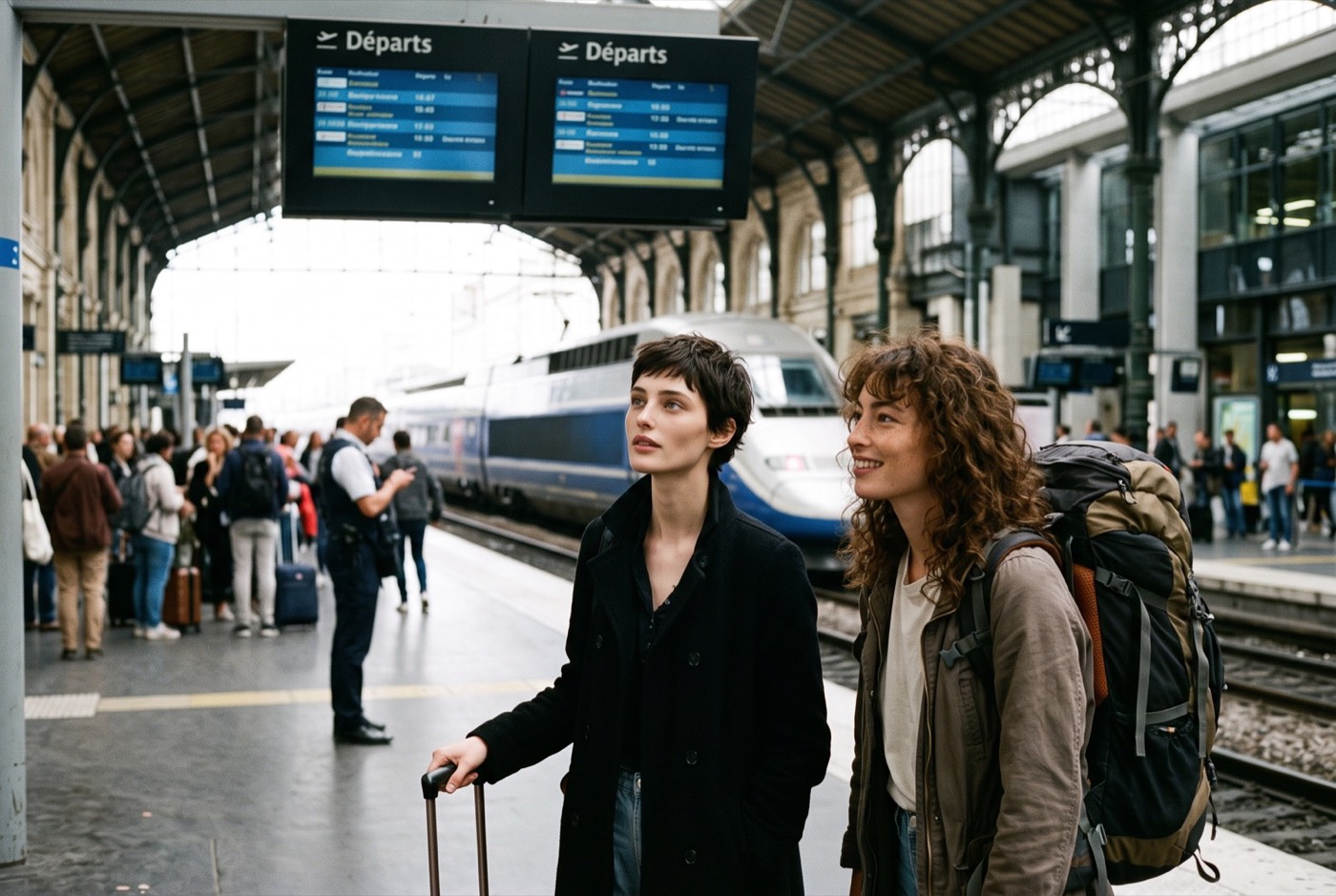 Deux amies sur le quai d'une gare devant le tableau des départs