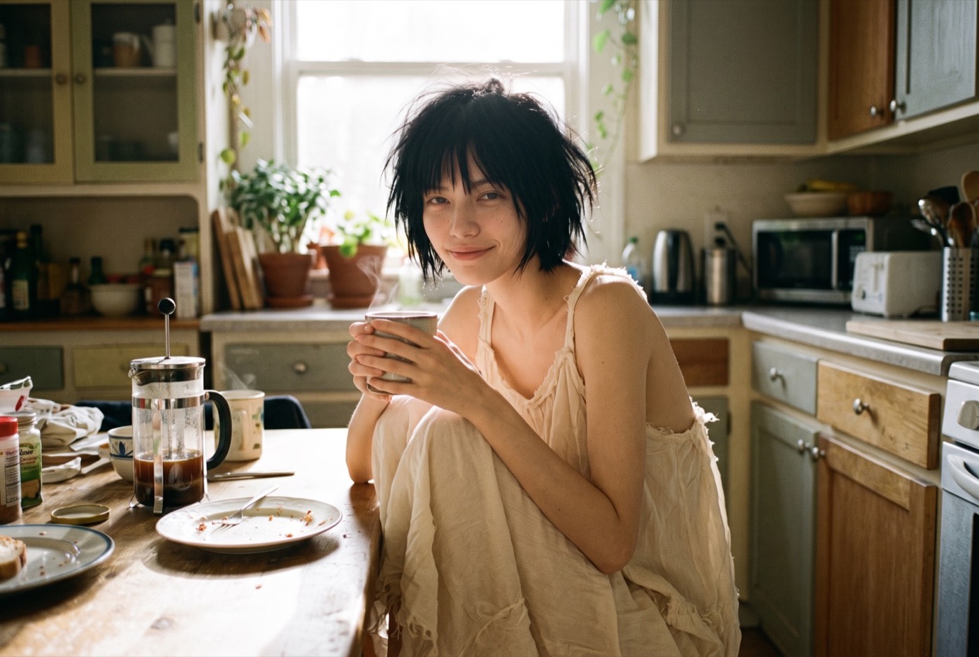 Réveil en nuisette, tasse à la main, cuisine au petit matin