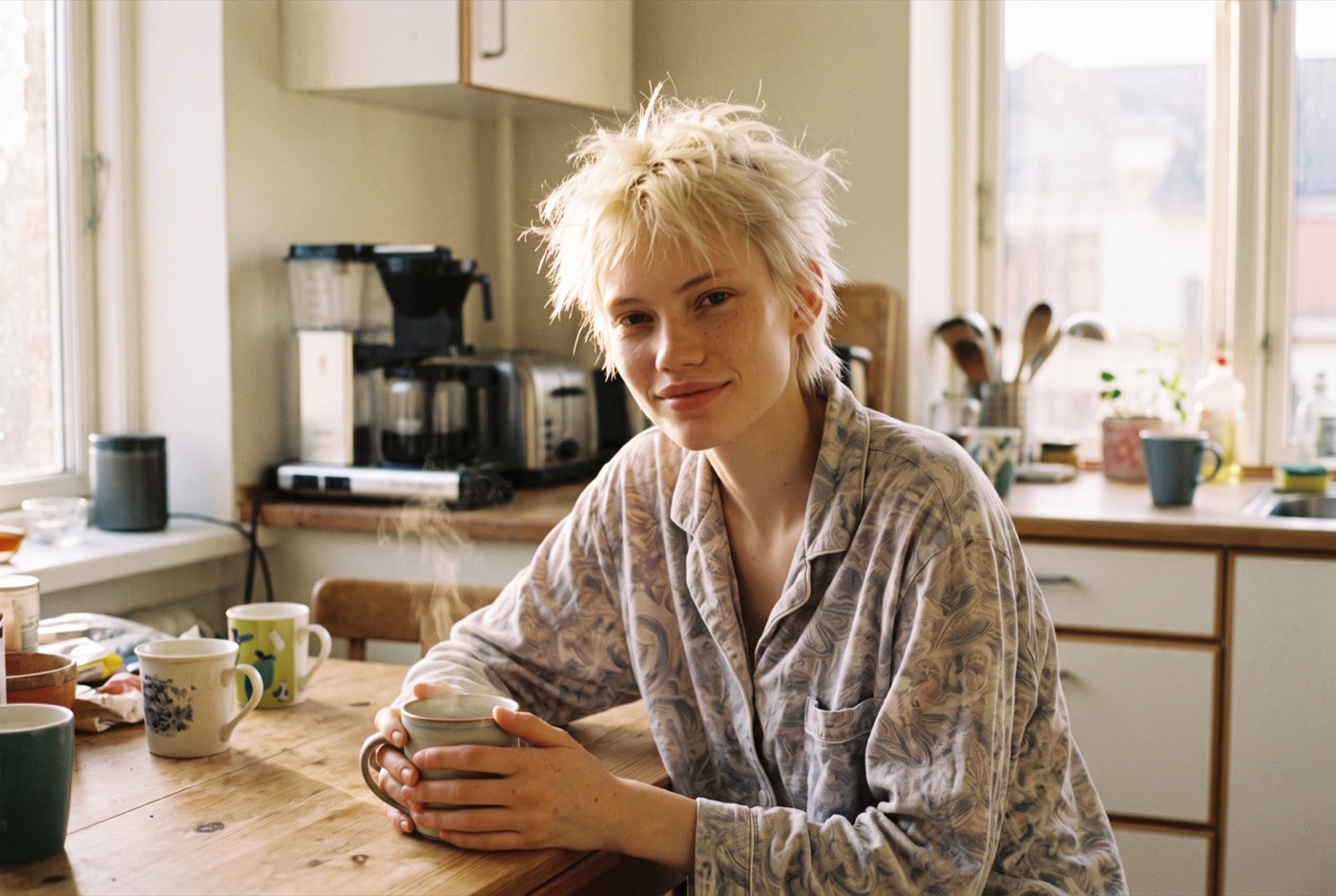 Réveil en pyjama, tasse de café à la main dans une cuisine lumineuse