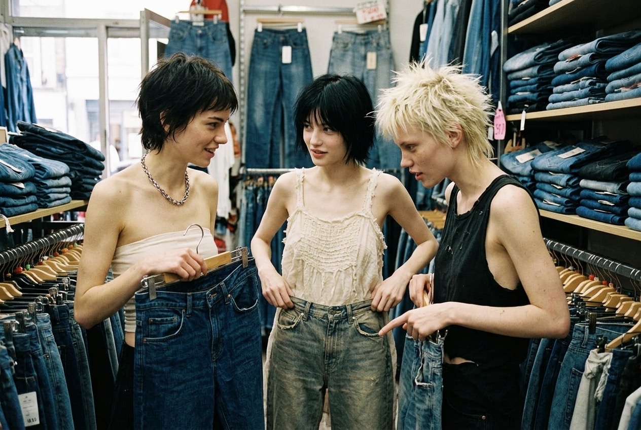 Trois amies comparent des jeans au rayon d'une boutique