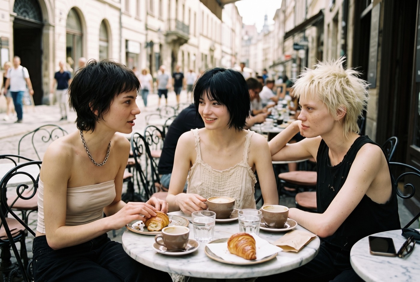 Les trois amies en terrasse de café avec cappuccinos et croissants