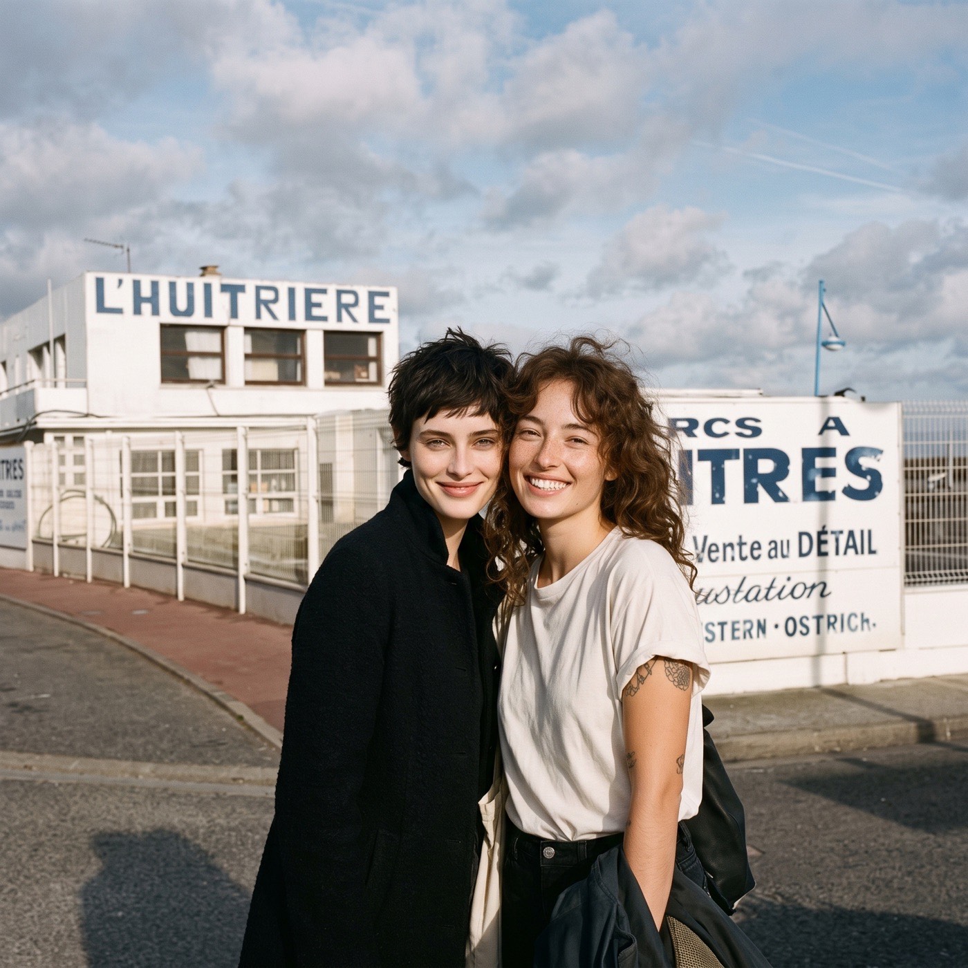 Deux amies posent devant l'enseigne d'un restaurant d'huîtres en bord de mer
