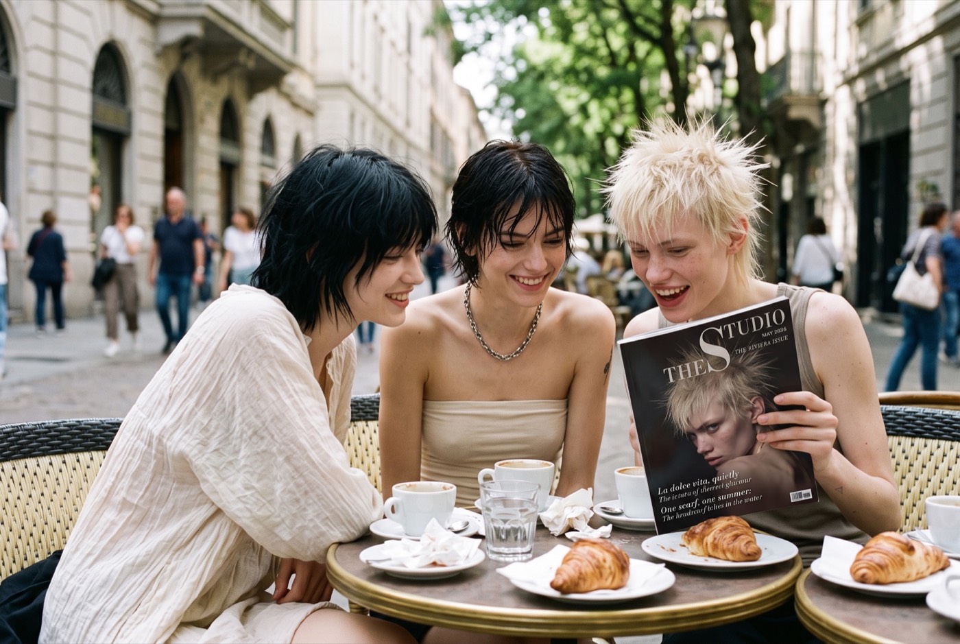 Terrasse de café : une jeune femme blonde tient le magazine THE STUDIO dont elle fait la couverture