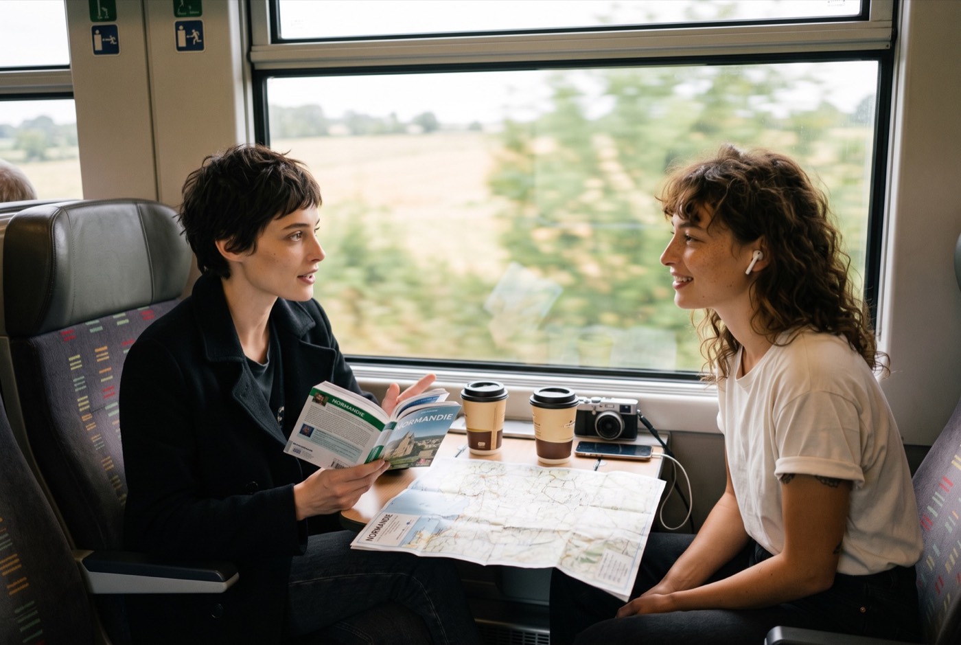 Deux amies dans le train, guide de Normandie et carte sur la tablette