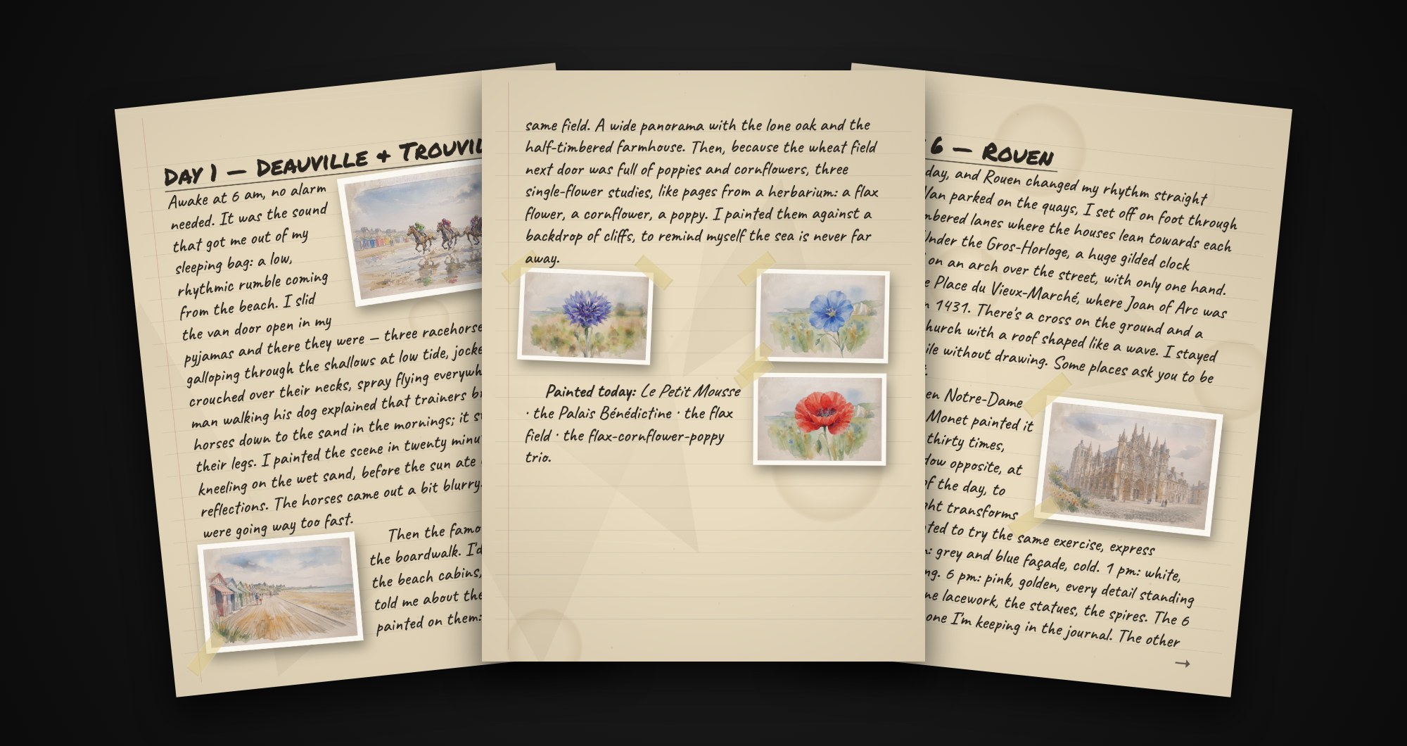 Pages de récit du carnet de Natalie en Haute-Normandie : texte manuscrit habillé autour des aquarelles