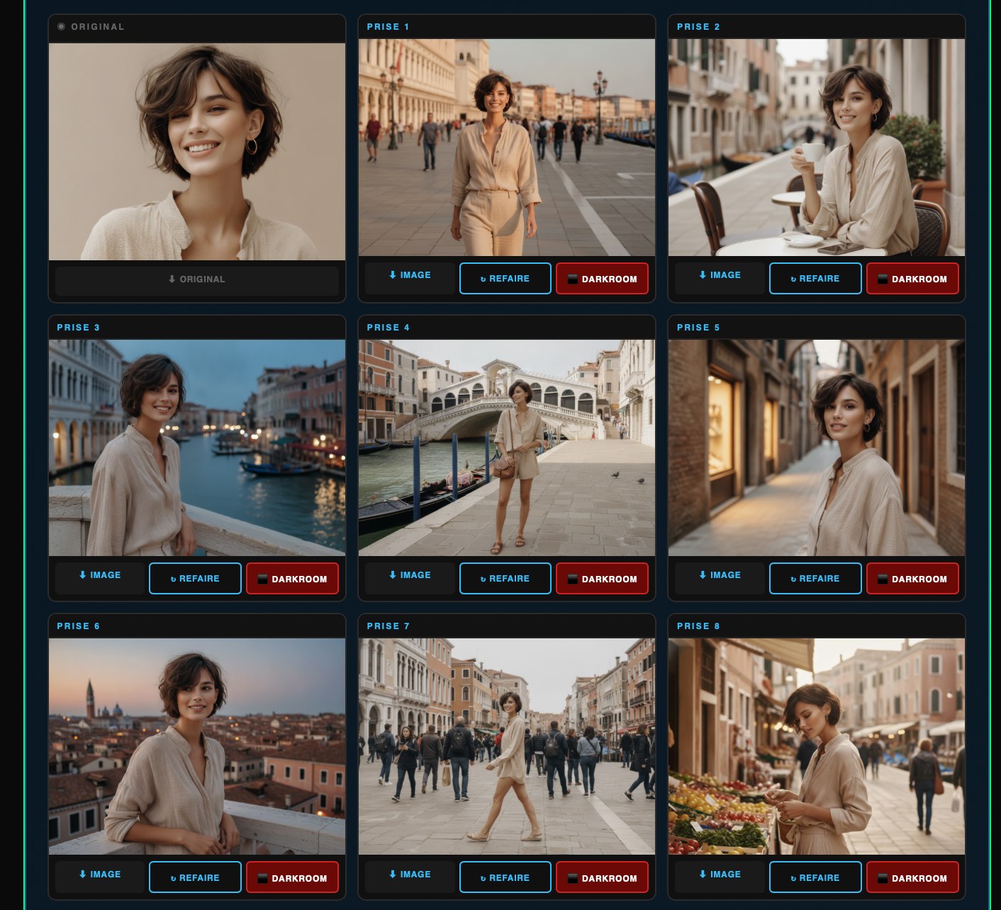 Planche contact Repérage — une autre mannequin, huit prises de vue à Venise, même tenue