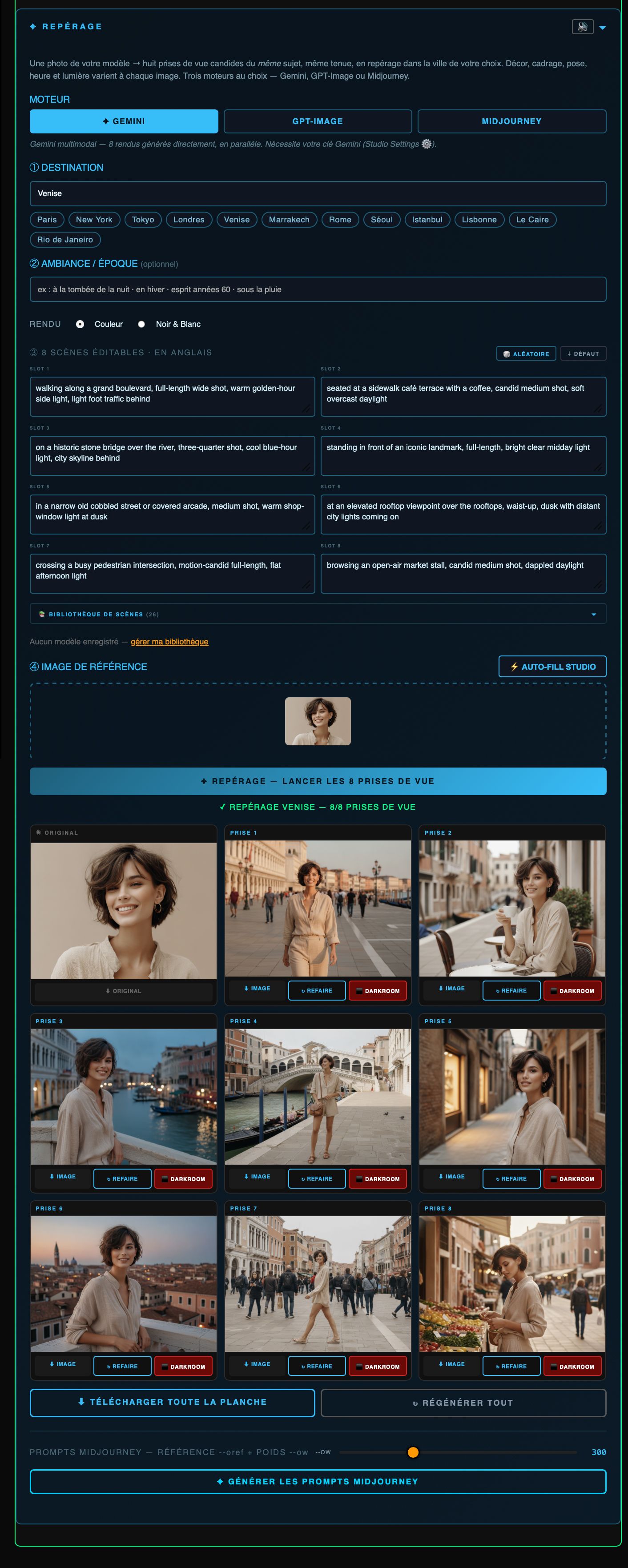 Interface complète du module Repérage — sélecteur de moteur, destination, ambiance, huit scènes éditables, image de référence, et planche de résultats Venise 8/8